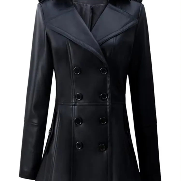 Autumn Fitted Coffee Skirted Pu Leather Blazer Jacket Women Long Sleeve Double Breasted European Fashion Black