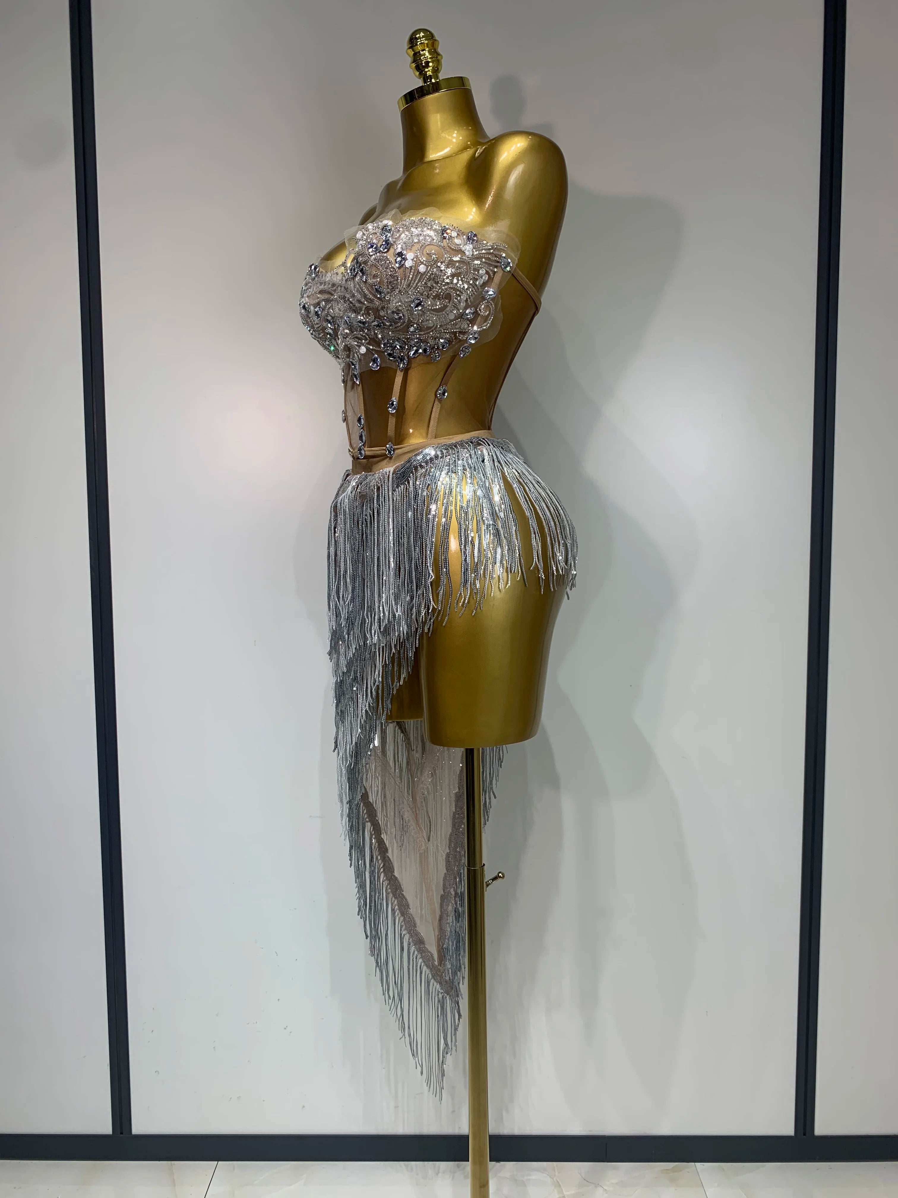 Women Sexy Singer Dancer Performan Costume Nightclub Bar Girl Sparkly Diamond Tassel Two Piece Set Evening Party Birthday Outfit