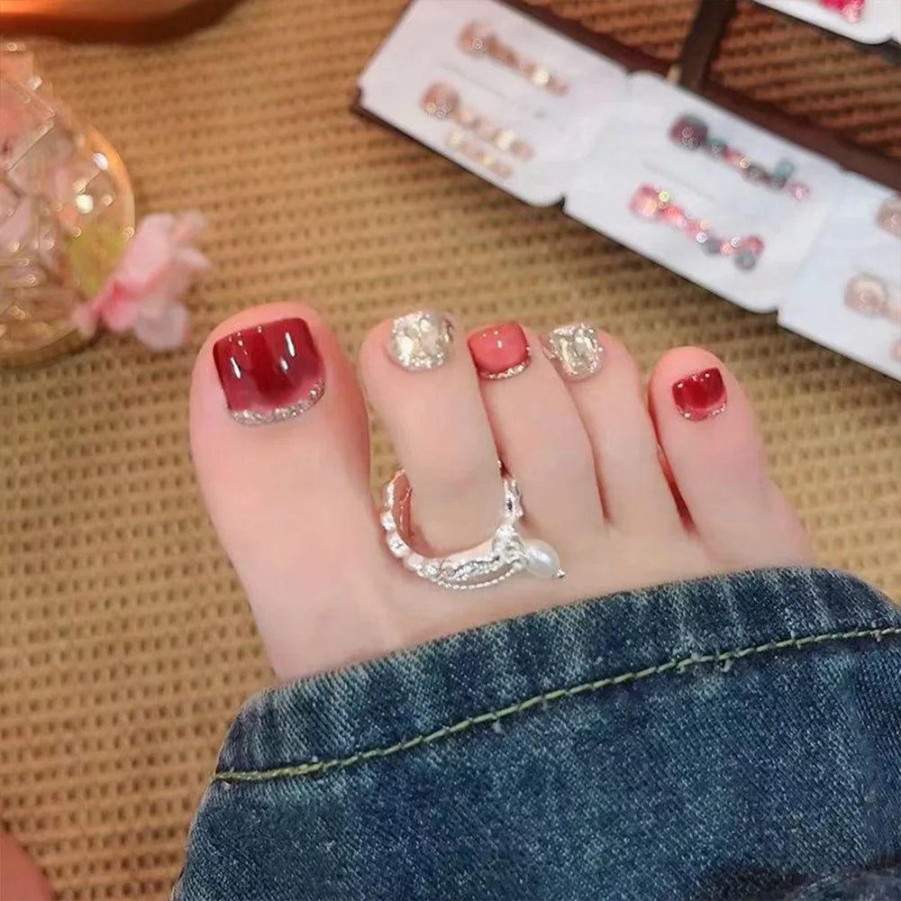 24pcs Blue Cat Eye Press on Toenails with 3d Butterfly Summer Wearable False Toe Nails Glitter Diamond Design Fake Toenails 6