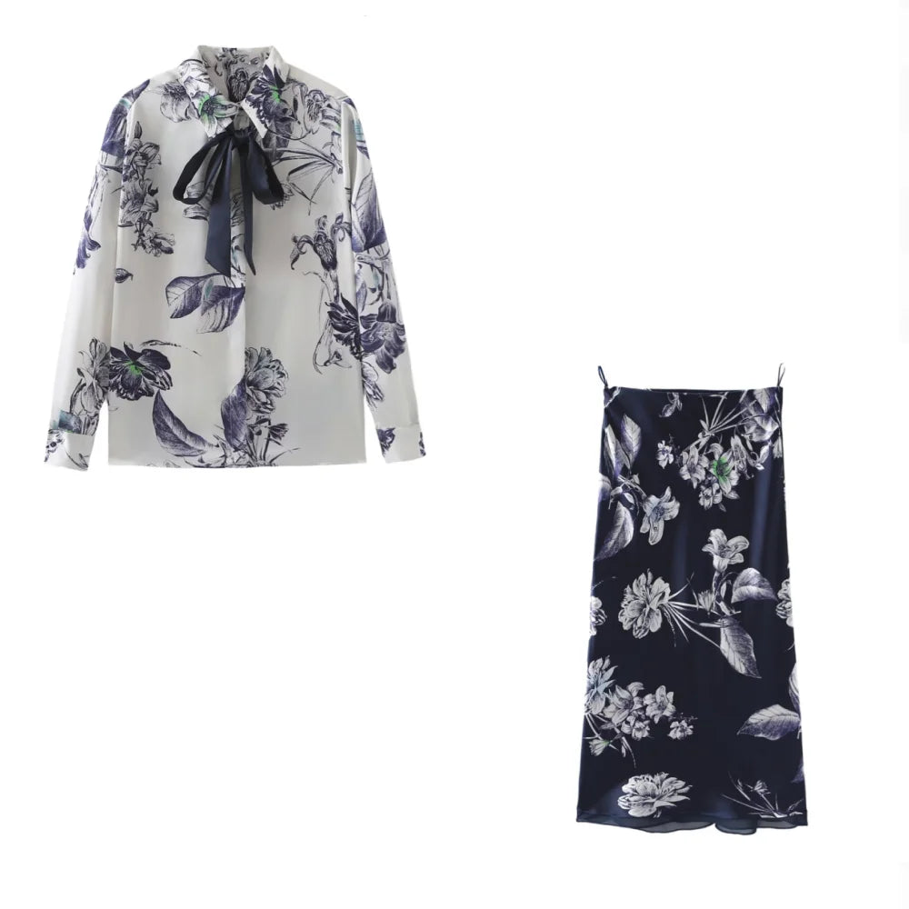UNIZERA Spring New Fashion Bow Decoration Printed Shirt+High Waist Versatile Long Skirt Spliced with Silk Texture Skirt Two piece set