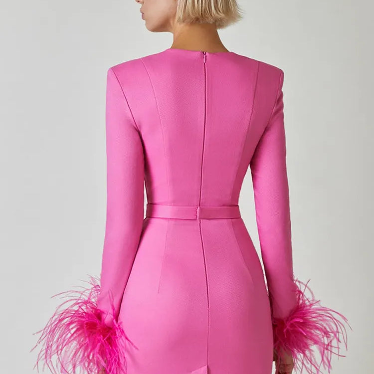 Women Winter Sexy Long Sleeve Feather Hot Pink Black Mini Bandage Dress Elegant Evening Club Party Dress