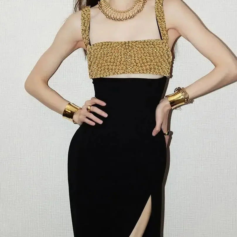 2025 Golden Beading Sexy Hollow Out Black Bandage Ankle Length Dress Fashion Woman Evening Party Dress Celebrity Party Vestido black