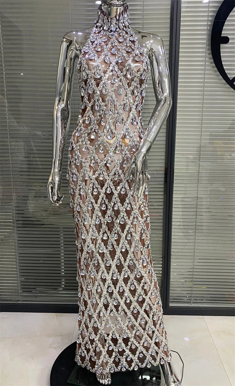 Shinning Big Crystal Women Sleeveless Sexy Halter Bodycon Long Dress Celebrate Birthday Party Nightclub Outfit Vestido
