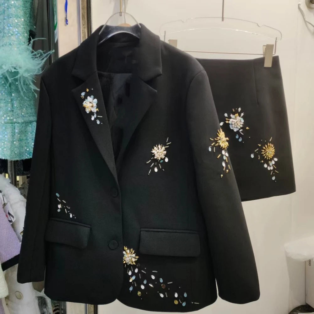 Spliced Bead Two Piece Sets for Women Lapel Long Sleeve Patchwork Single Breasted Top High Waist Skirt Set Female BLACK