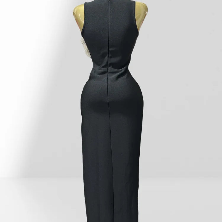 White Petal Edge Hollow Out Sleeveless Sheath Black Bandage Ankle Lengh Dress Woman Party Vestido Celebrity Cocktail Outfit