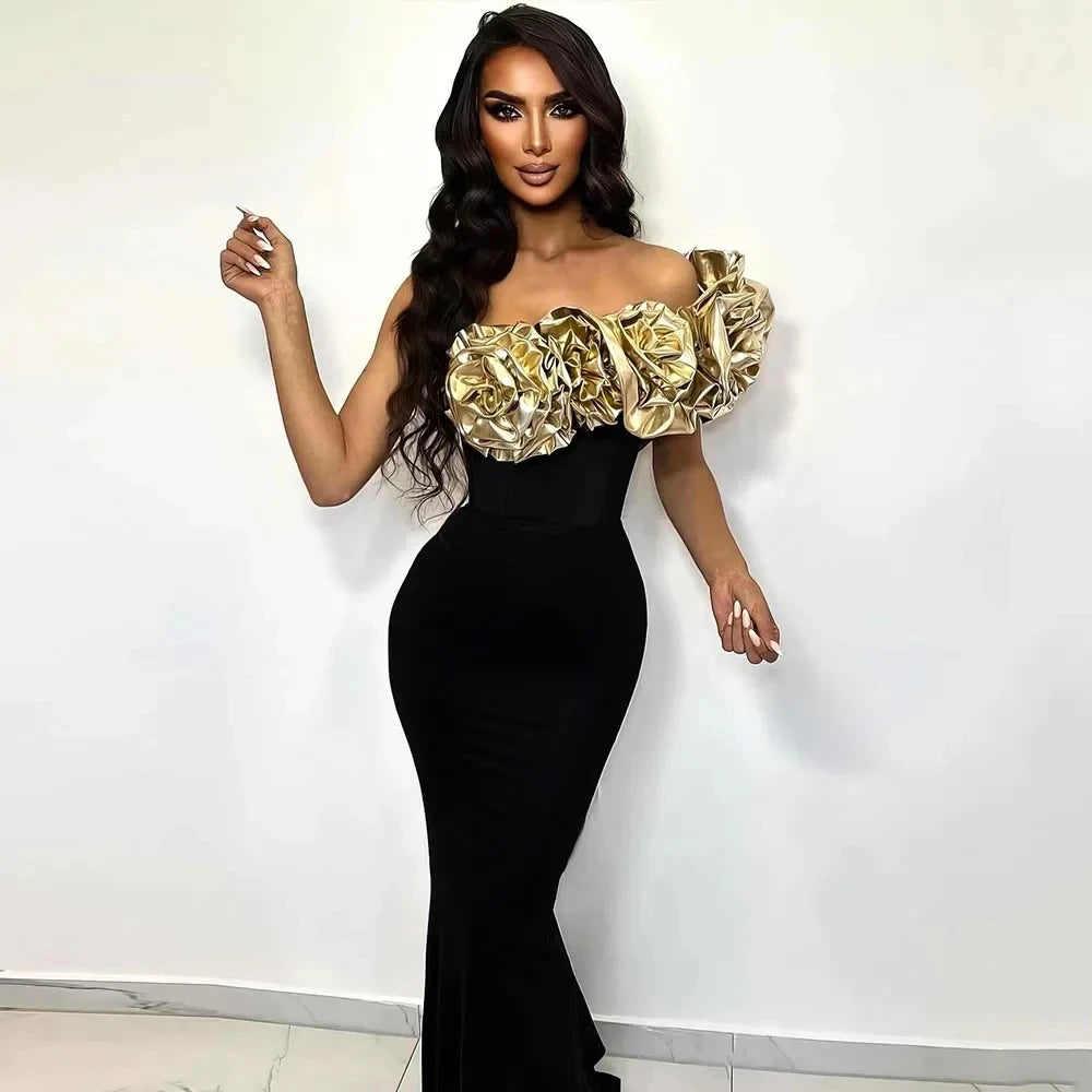 Stereoscopic Gloden Flowers Sexy One Shoulder Ankle Lenght Bandage Dress Woman Birthday Party Vestido Celebrity Party Outfit