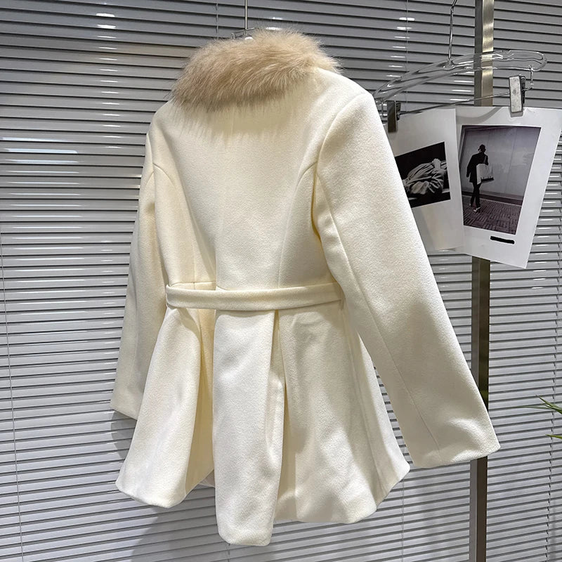 Winter New Fashion Fur Collar Belt Woolen Quilted Trench Coat For Women Elegant Warm Windbreaker Female 11A07810