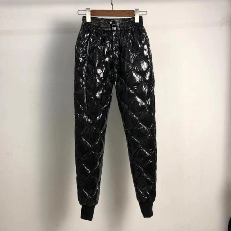 Women Glossy Diamond Down Pant 2024 Winter Fashion High Waist Harem Trousers Plus Size Warm Padded Quilted Pantalones Windproof