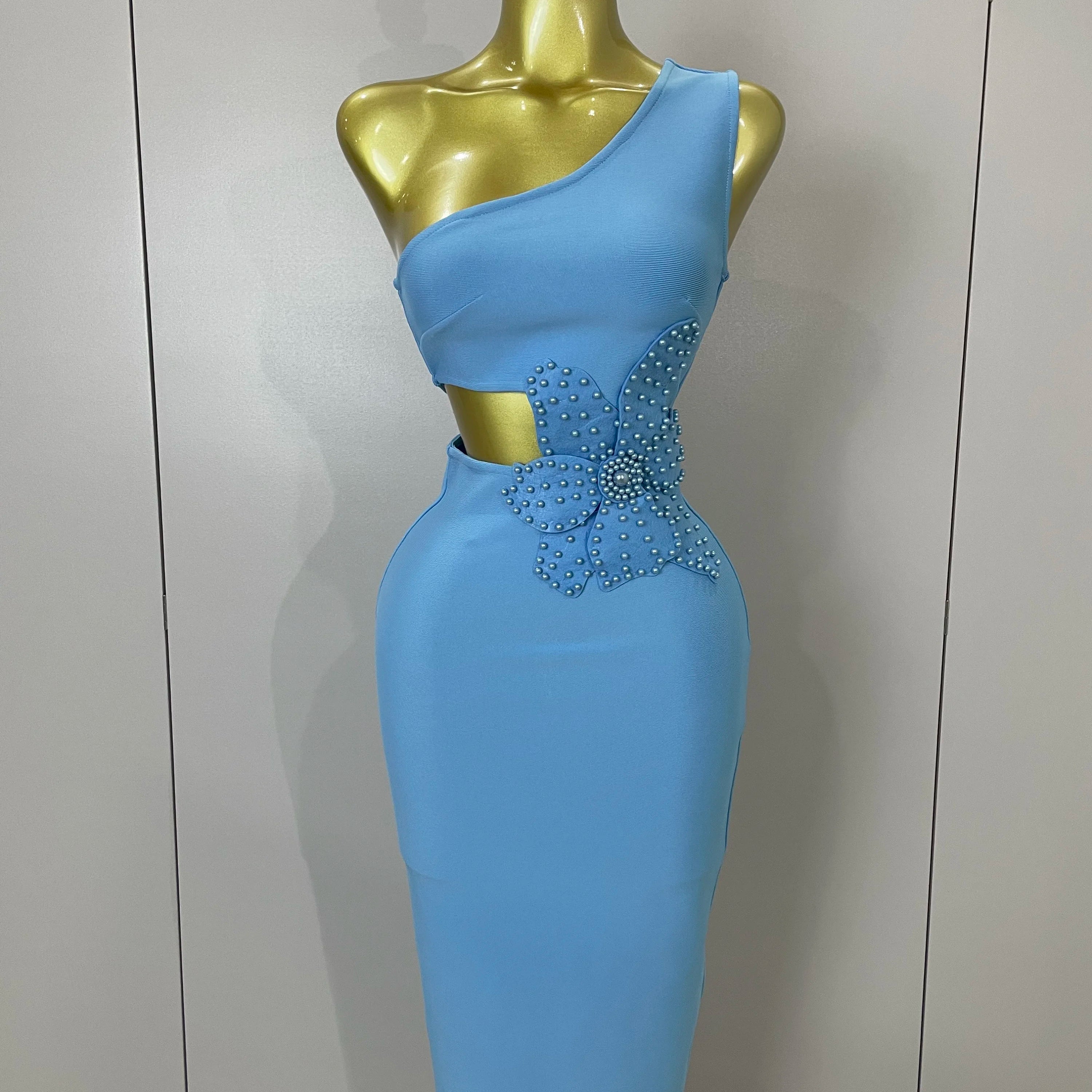 Luxury Sexy One Shoulder Pearl Sky Blue Bodycon Bandage Dress 2025 Women Celebrity Elegant Evening Club Birthday Party Outfit SKY BLUE