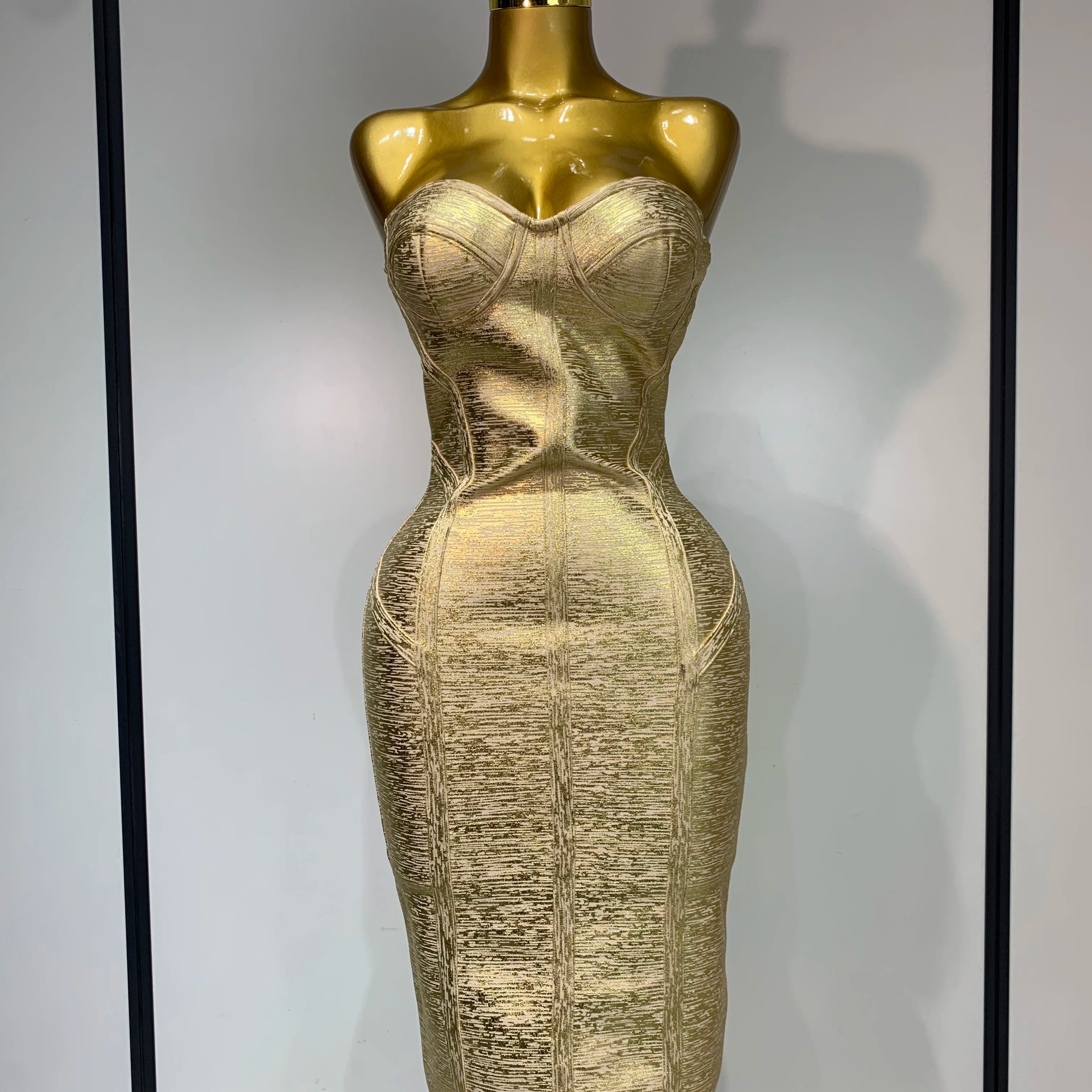 Women Sexy Gold Strapless Bodycon Bandage Dress 2025 Fashion Celebrate Evening Party Luxury Birthday Wedding Guest Dress Gold