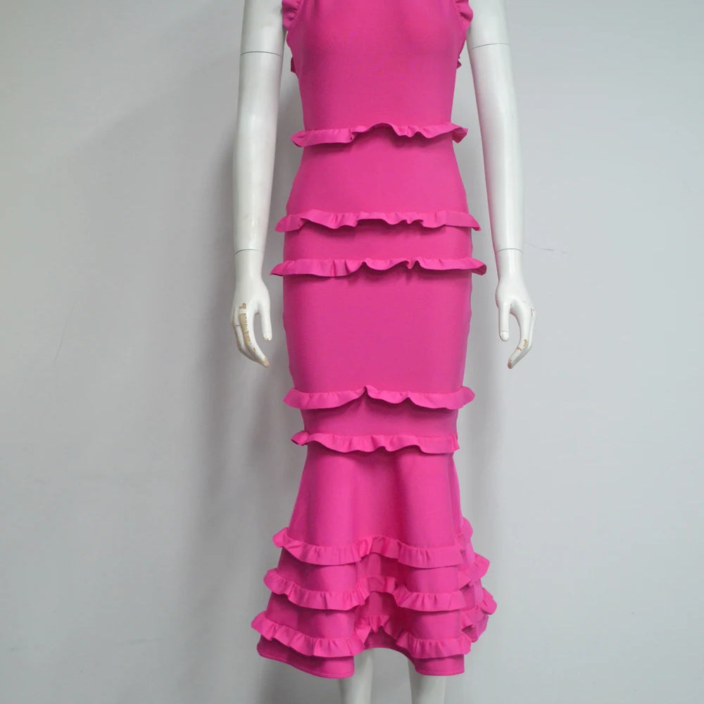 5 Colors Women Sexy Off the Shoulder Ruffles Bodycon Bandage Mermaid Dress Celebrate Evening Party Birthday Outfit Wear Rose Red