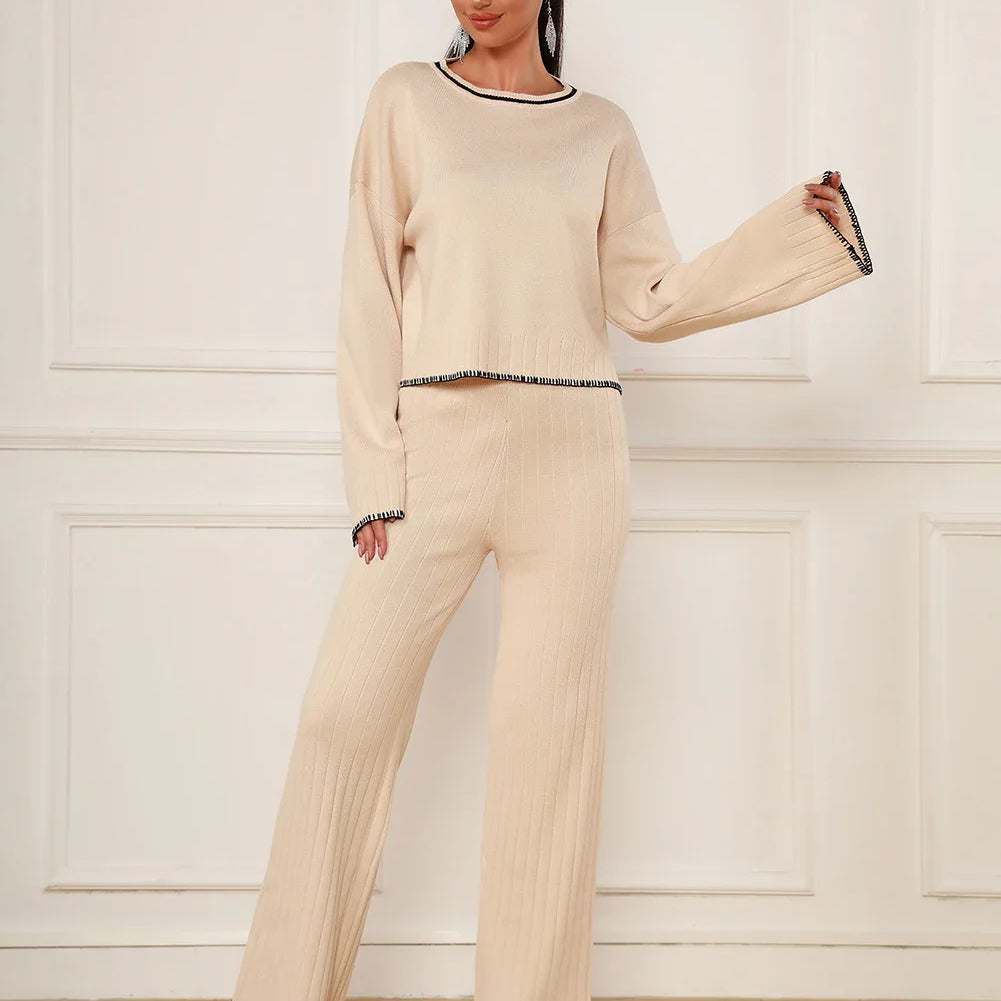 2025 Spring Casual Women's Knitted Pants Set O-neck Long Sleeve Hoodie Loose Knitted Shirt+Straight Pants Two Piece Set