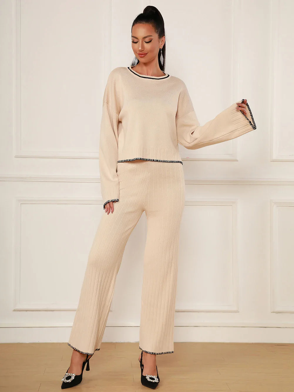 2025 Spring Casual Women's Knitted Pants Set O-neck Long Sleeve Hoodie Loose Knitted Shirt+Straight Pants Two Piece Set