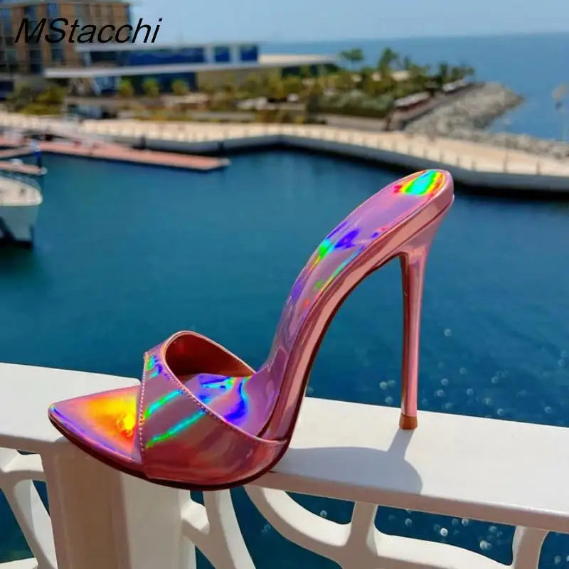 Laser Dazzling Color Sandals For Women Slippers Summer Star Style Very High Heel Shoes Peep Toe Ladies Stiletto Sandals 2025