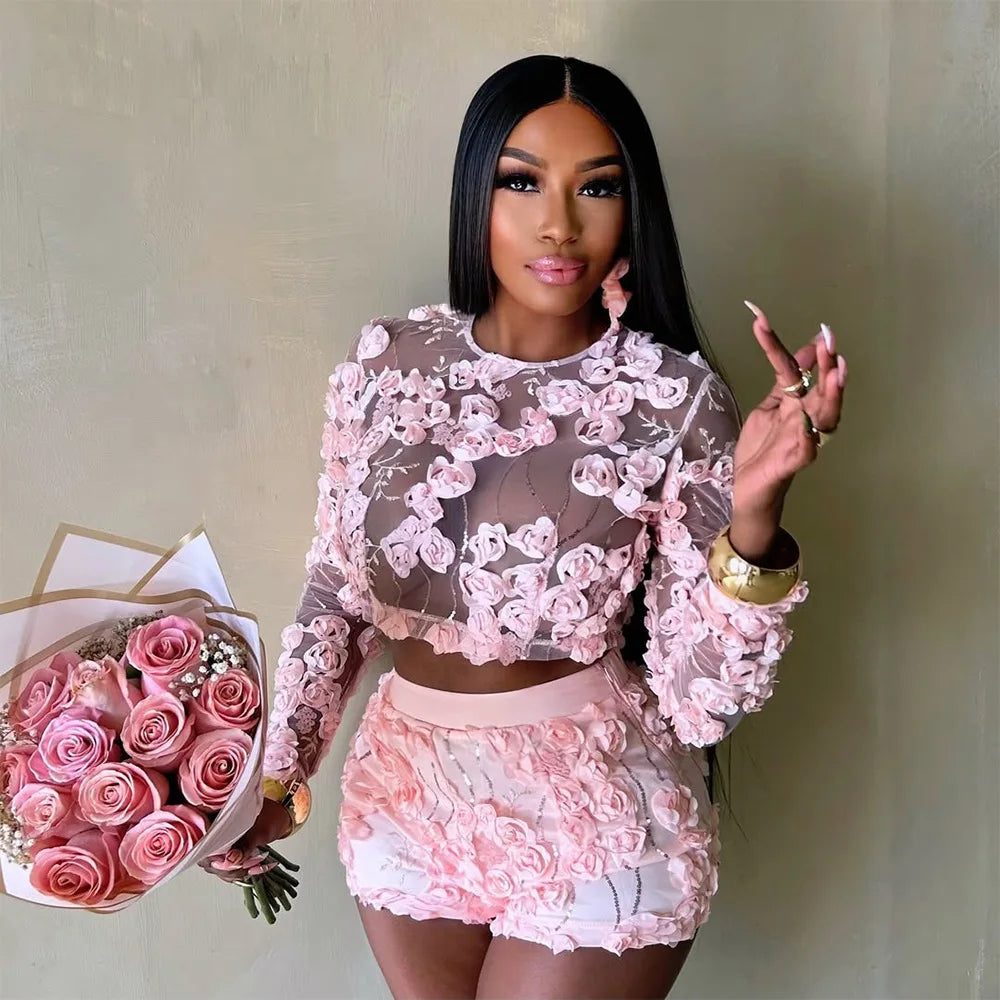 3D Flower Women's Set Mesh See Through Long Sleeve Top and Shorts Suits 2025 Sweet Party Girl Two 2 Piece Sets Outfits Pink