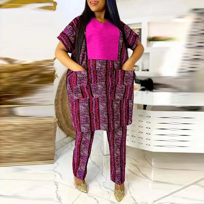 VONDA Plus Size 5XL Women Pant Sets 2024 Elegant Printed Patchwork Trousers Suits Vintage Tops and Wide Leg Pants Matching Sets Dark Pink