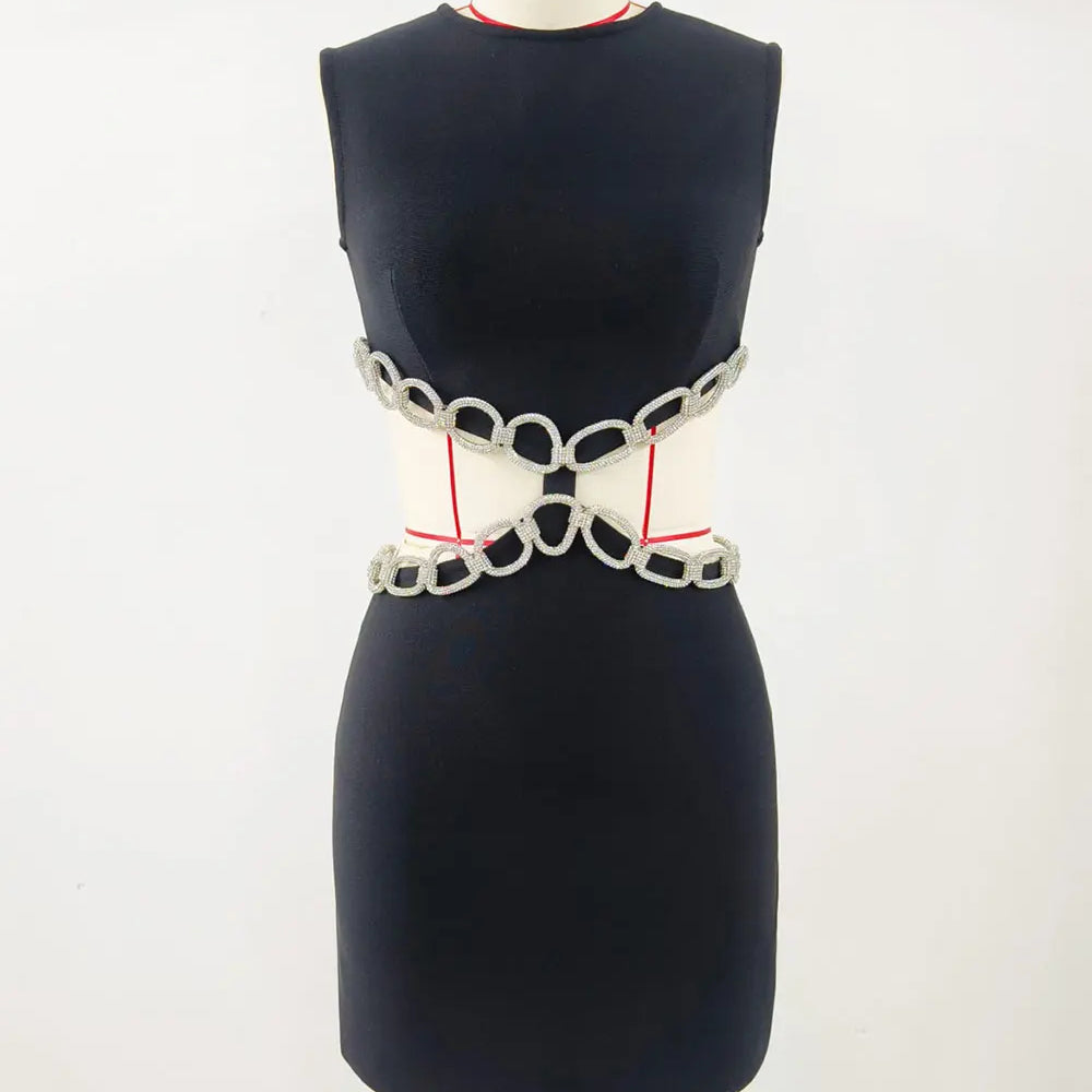 2024 Sexy Women's Waist Set with Diamond Chain Design Bandage Dress O-Neck Sleeveless Bodycon Bareback Mini Dress Party Vestidos black