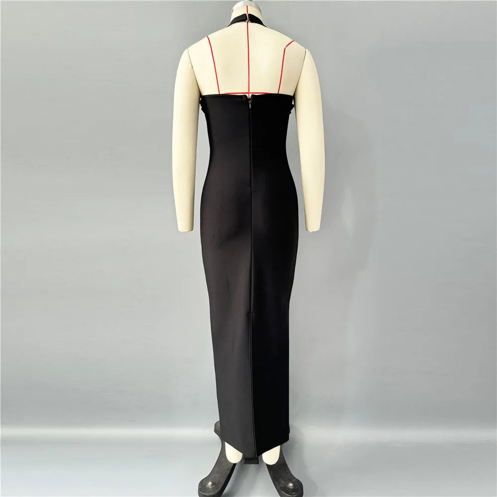 Black Red Women Sexy Halter Off the Shoulder Shinning Diamond Bodycon Long Bandage Dress Evening Party Celebrate Fashion Outfit