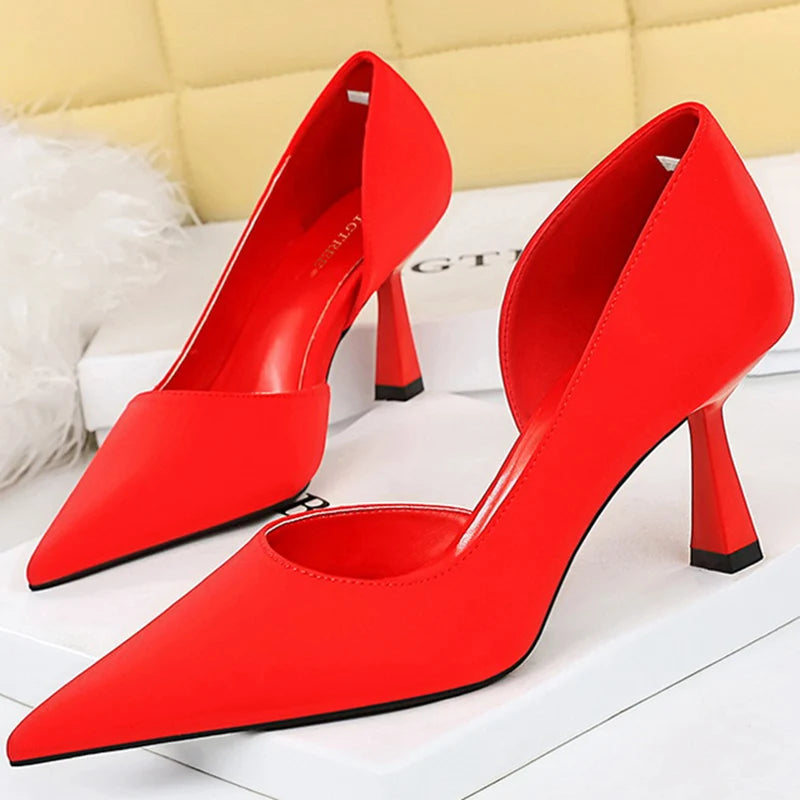 Women 7cm High Heels Green Purple Red Pumps Small Size 34-40 Stripper Evening Silk Escarpins Lady Wedding Bridal Scarpins Shoes Red