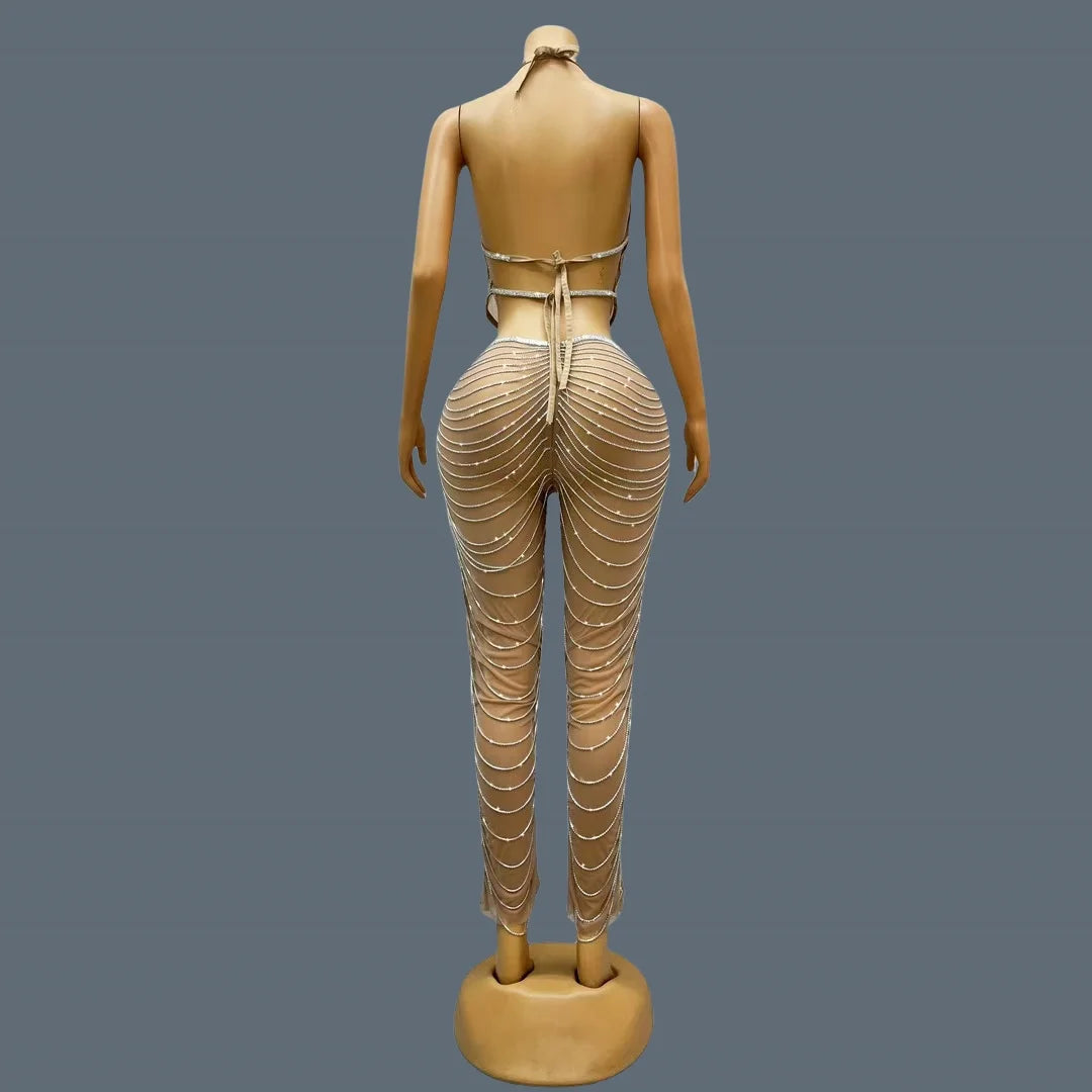 Sparkly Silver Rhinestone Crystals Crop Tops Long Pants 2Pieces Set Nightclub Event Party Stage Show High-quality Outfit Dudou