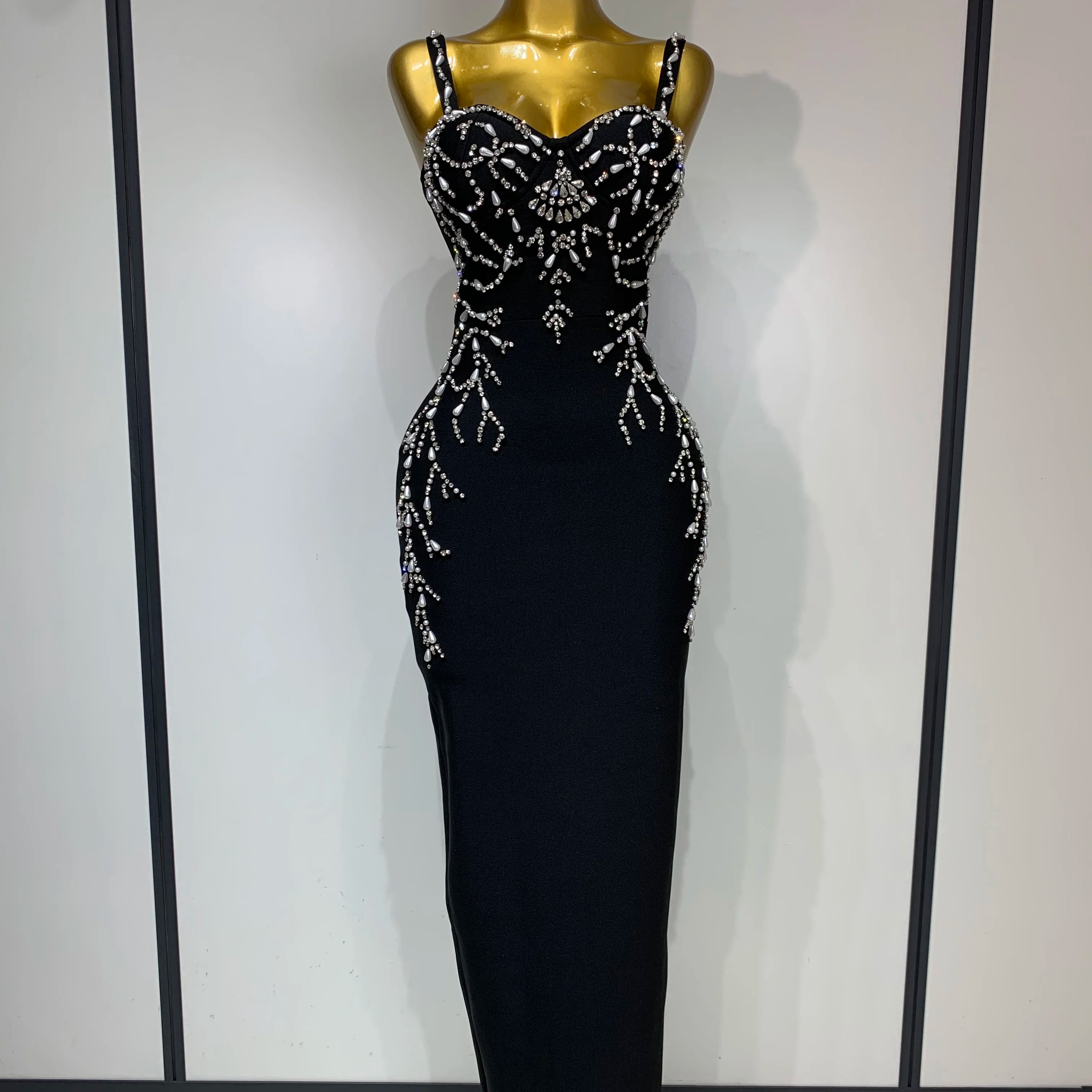 Women Sexy V Neck Black Beading Maxi Long Bodycon Bandage Dress 2025 Celebrity Elegant Evening Club Party Luxury Birthday Dress black