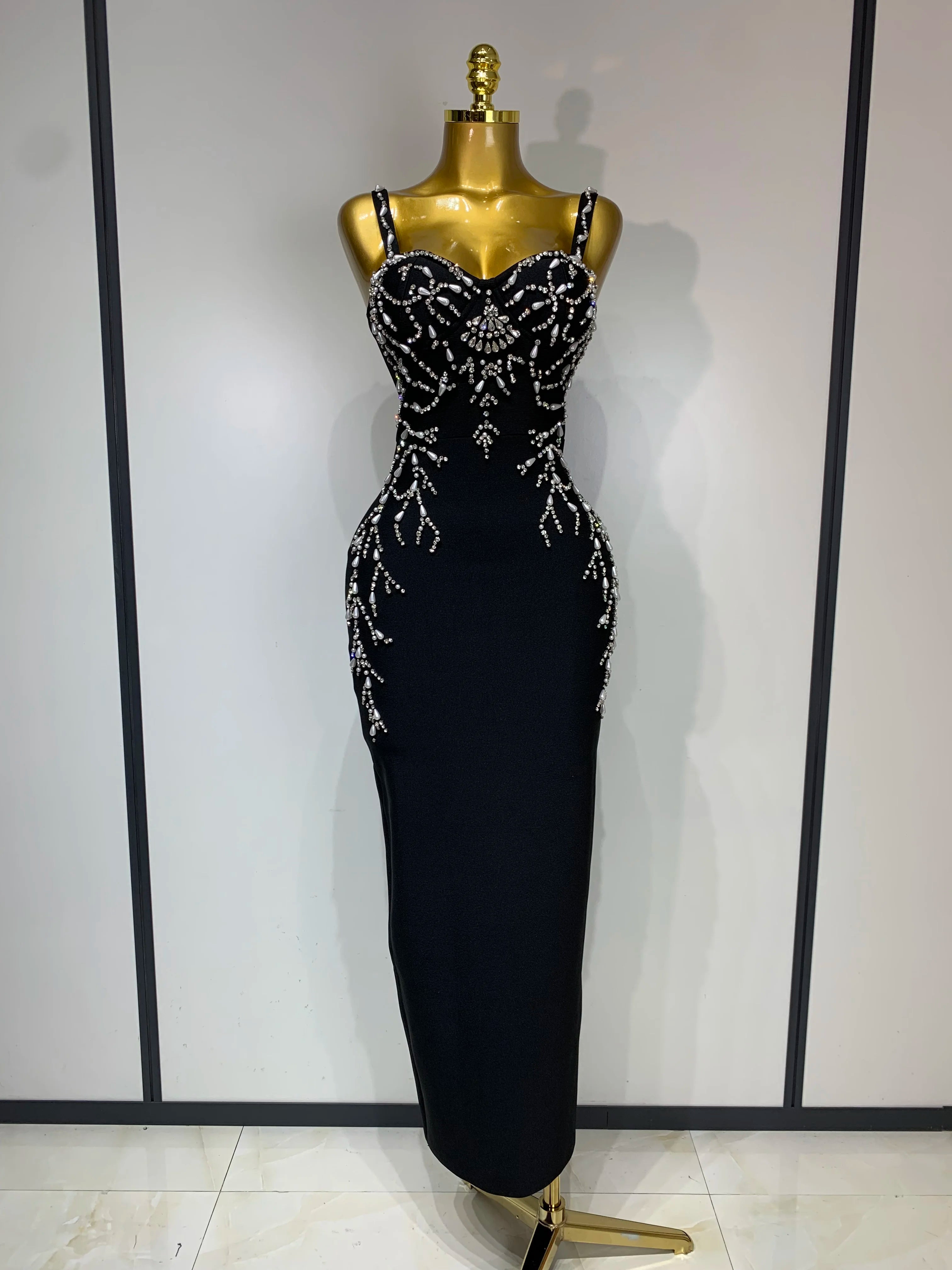 Women Sexy V Neck Black Beading Maxi Long Bodycon Bandage Dress 2025 Celebrity Elegant Evening Club Party Luxury Birthday Dress black