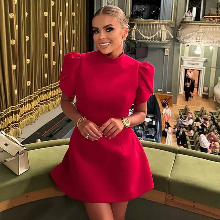 Fashion Red Bow Mini Dress Short Sleeve Women Pad Shoulder Dresses Backless Hollow Out Ladies Summer Chic A-line Party Vestidos