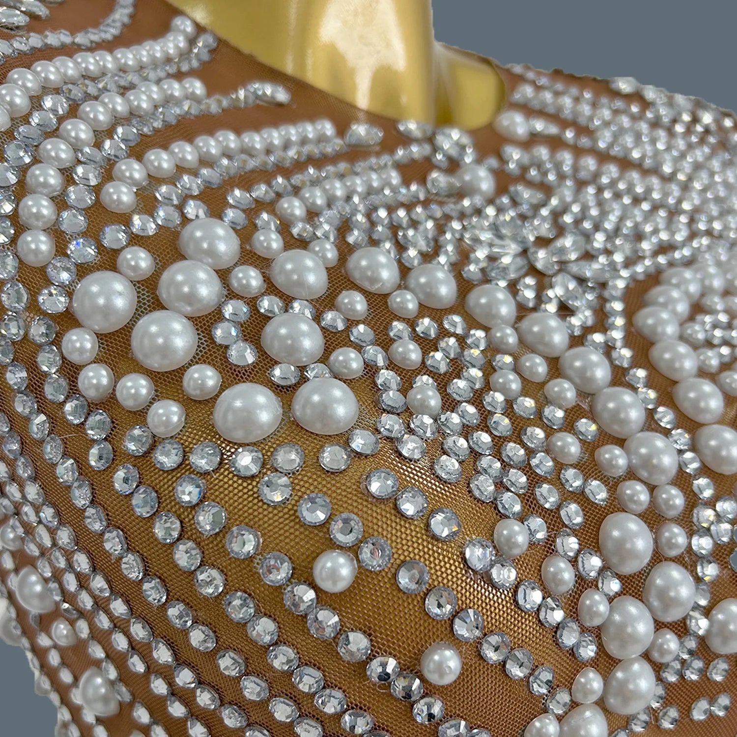 Elegant Sparkly Rhinestone Pearls Tight Short Dress for Sexy Women Luxury Dinners Party Sheer Mesh Club Chic Event Dress Huaban