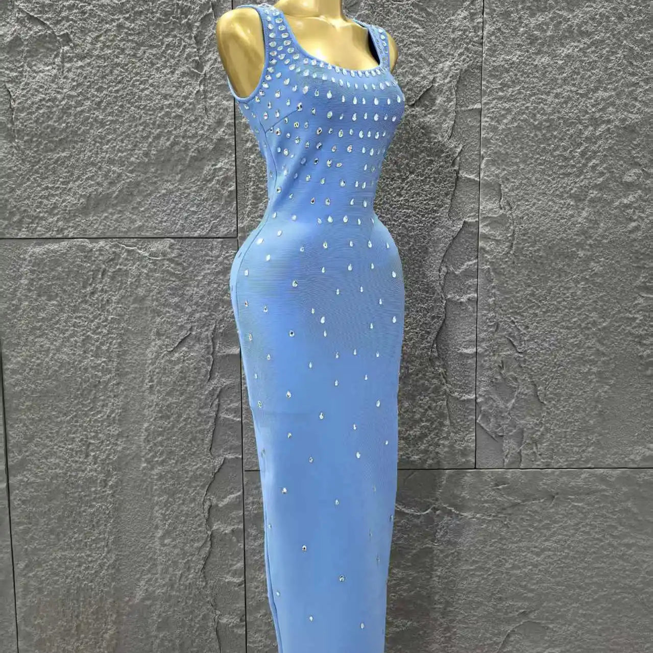 Skyblue Color Women Sleeveless O-Neck Shinning Crystal Bodycon Long Bandage Dress Celebrate Evening Party Birthday Outfit