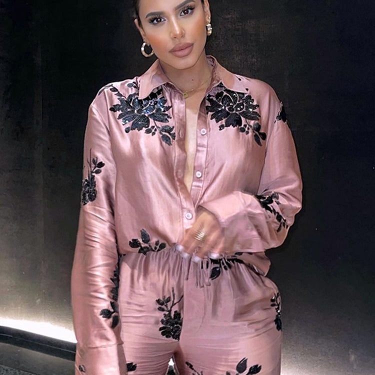 Woman 2 Pieces Shirts Pants Suit 2024 New Fashion Printed Blouses Tops Straight Trousers Set Female Casual Single Breasted Shirt