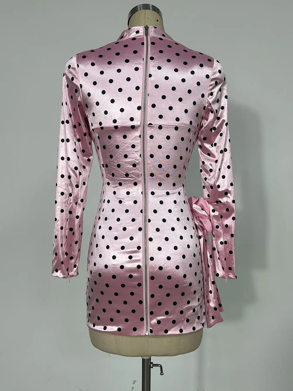 2025 Sexy Women'S Three-Dimensional Flower Patchwork Polka Dot Dress V-Neck Long Sleeved Draped Bodycon Pink Mini Dress Vestidos
