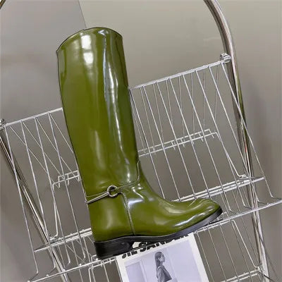 Autumn Winter Women Knee High Boots for Woman's Round Toe Low Heels Knight Boots Sexy Slip-On Women Thick Bottom Motorcycle Shoe Green patent leather