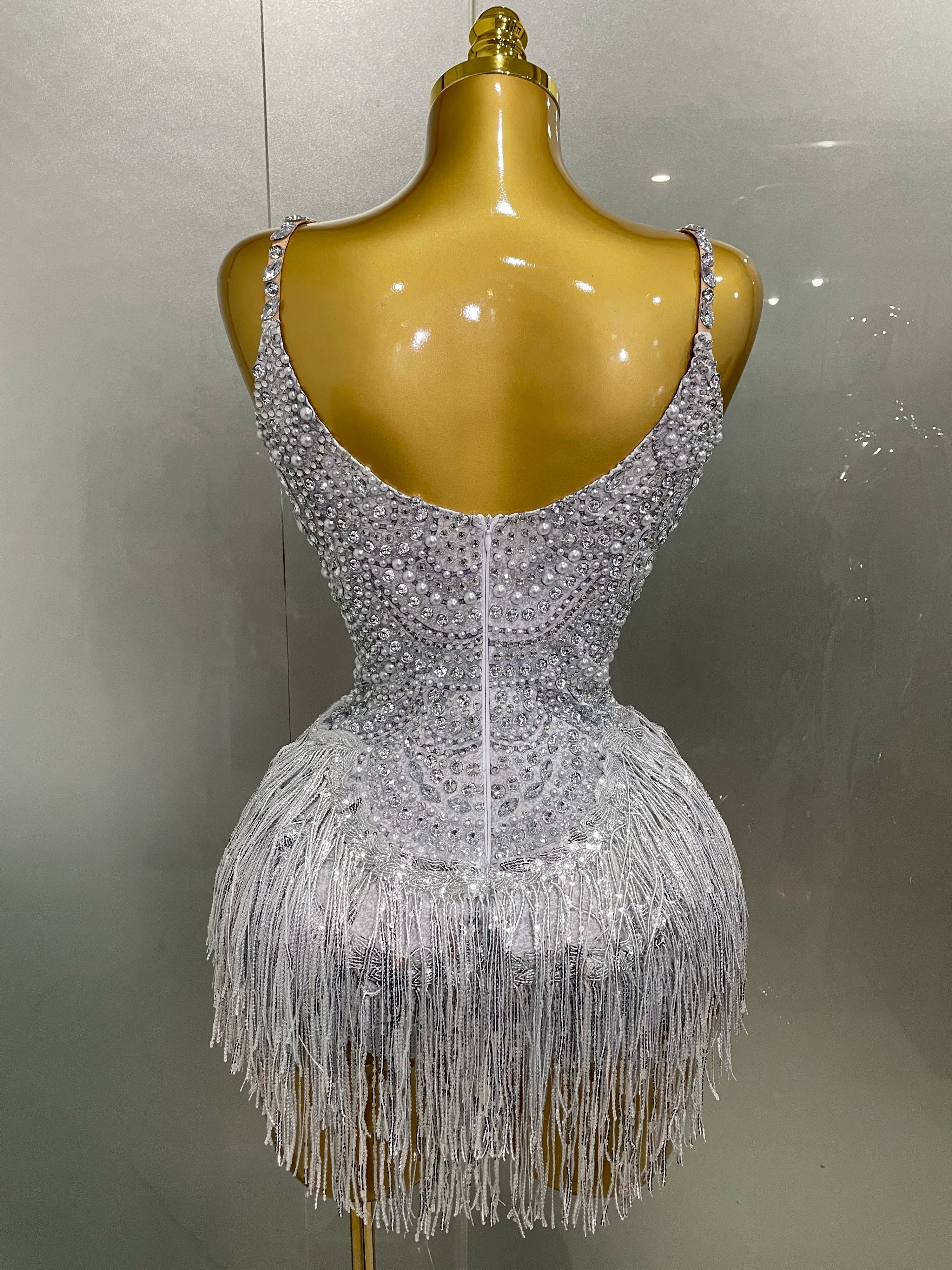 Sparkly Silver Rhinestones Pearl Tassels Bodysuit 2025 New Women Sexy Eveing Birthday Party Nightclub Stage Performance Costume