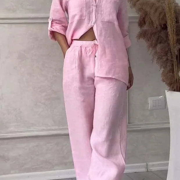 Women Plus Size Two Pieces Set Drawstring Straight Elastic Waist and Long Sleeve Button Shirt Top Matching Set Linen Cotton Set Pink