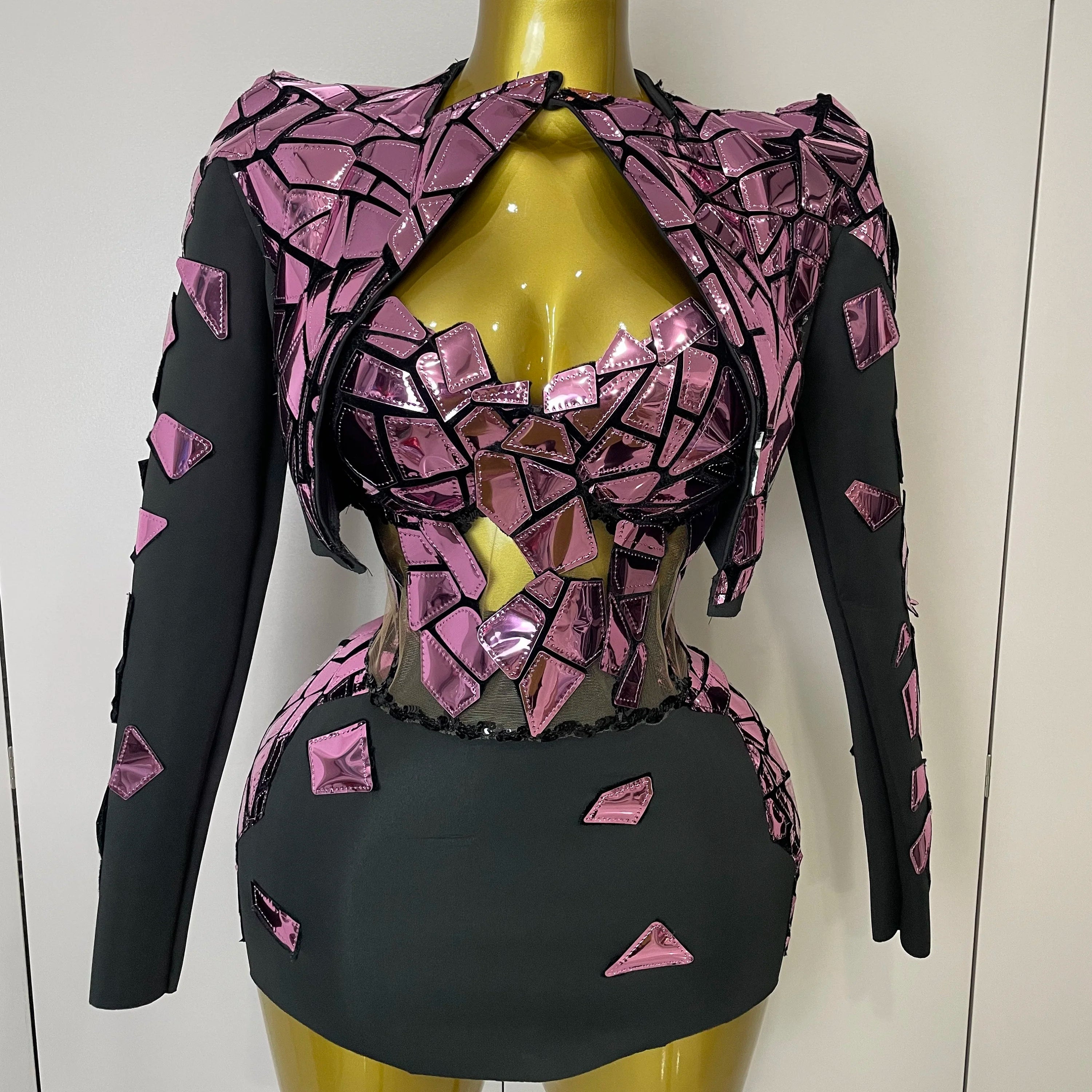 STOCK 2025 Women Sexy Pink Glitter Sequin Mirrors Short Skirt 3pcs Set Birthday Party Nightclub Queen Drag Stage Costume Pink