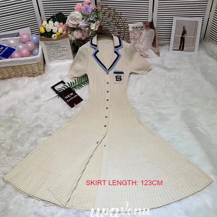 Elegant Women's Slim Fit Knitted Dress Fashionable Polo Neck Short Sleeve Single breasted Design Split Knitted Mid length Dress