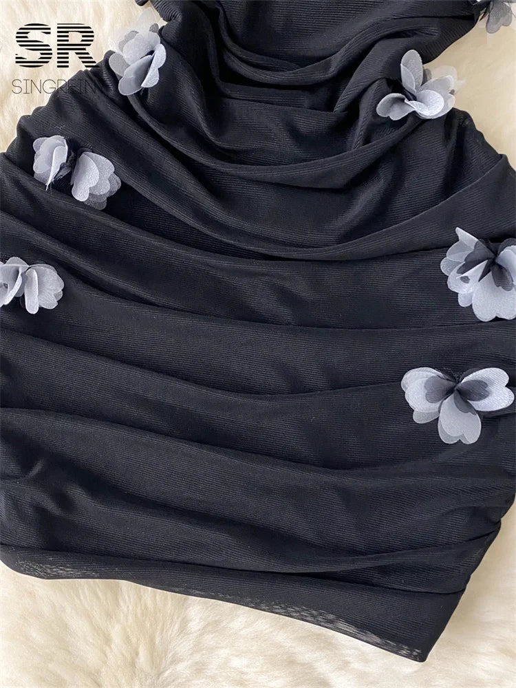 SINGREINY Hotsweet Sexy Slim Dress Ladies Halter Strapless Sleeveless BodyconThre-dimensional Floral Fashion Short Dress