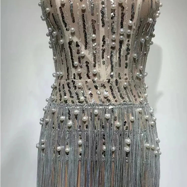 Shinning Rhinestones Peral Beading Sexy Bodycon Mini Dress Women Off the Shoulder Tassel Fashion Celebrate Birthday Party Dress