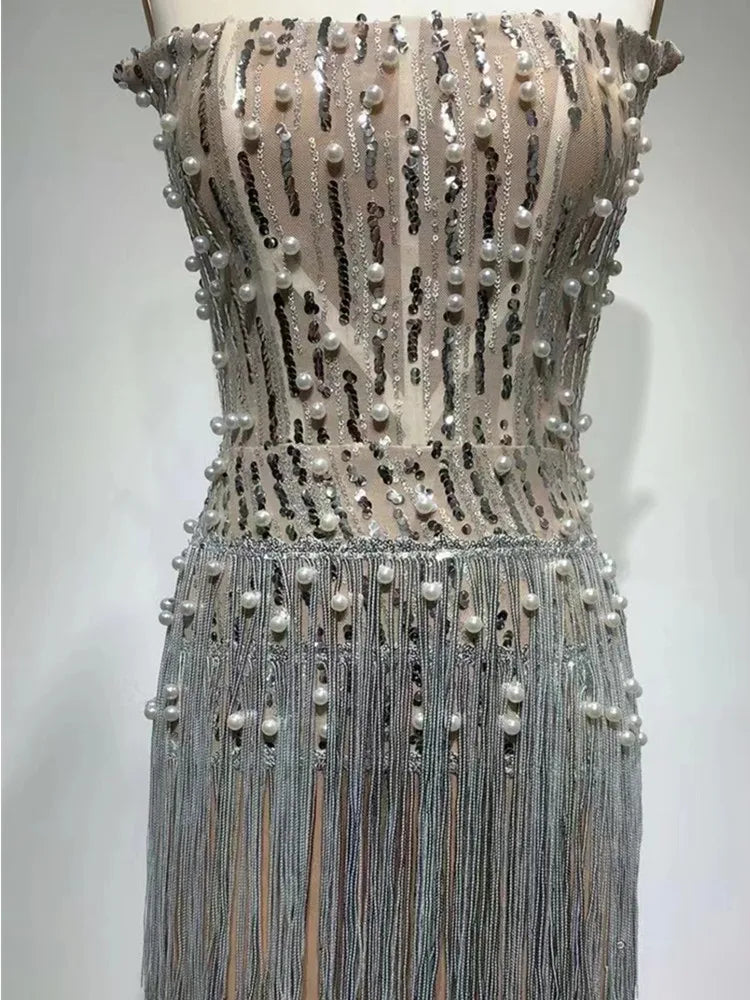 Shinning Rhinestones Peral Beading Sexy Bodycon Mini Dress Women Off the Shoulder Tassel Fashion Celebrate Birthday Party Dress