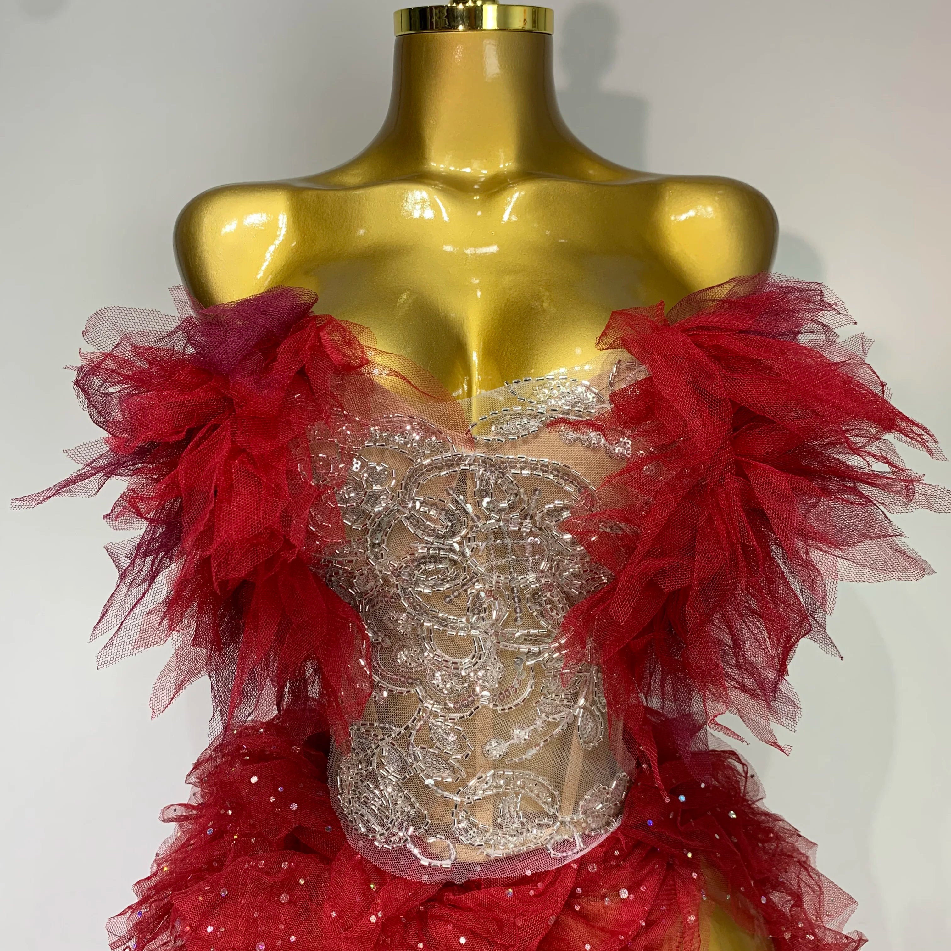 Women Sexy Strapless Mesh two Pieces Set Bodycon Long Dress High Split Nightclub Party Luxury Birthday Singer Stage Outfit