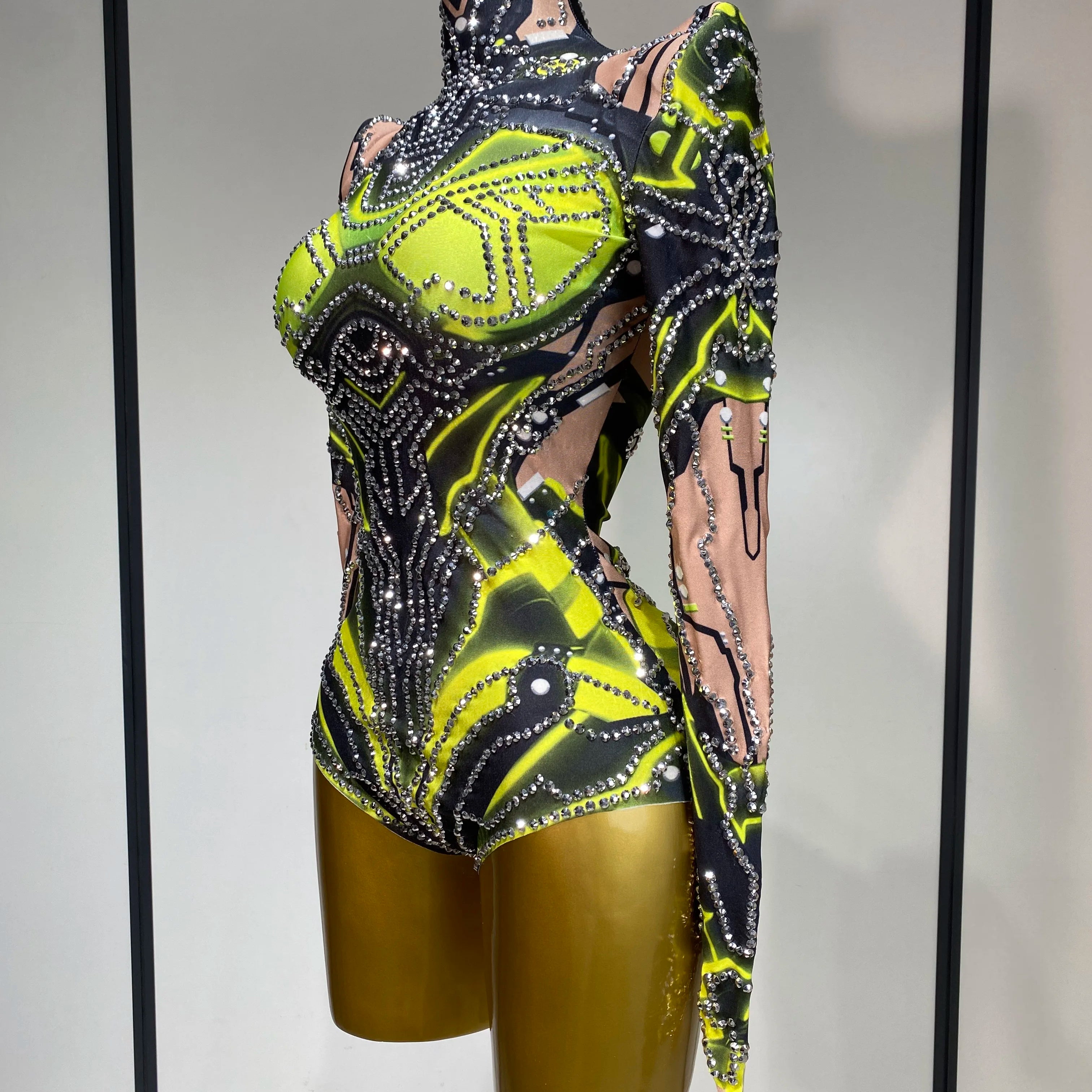 Women Sparkly Rhinstones High Street Bodysuit Performance Dance Singer Costume Nightclub Evening Party Birthday Stage Outfit