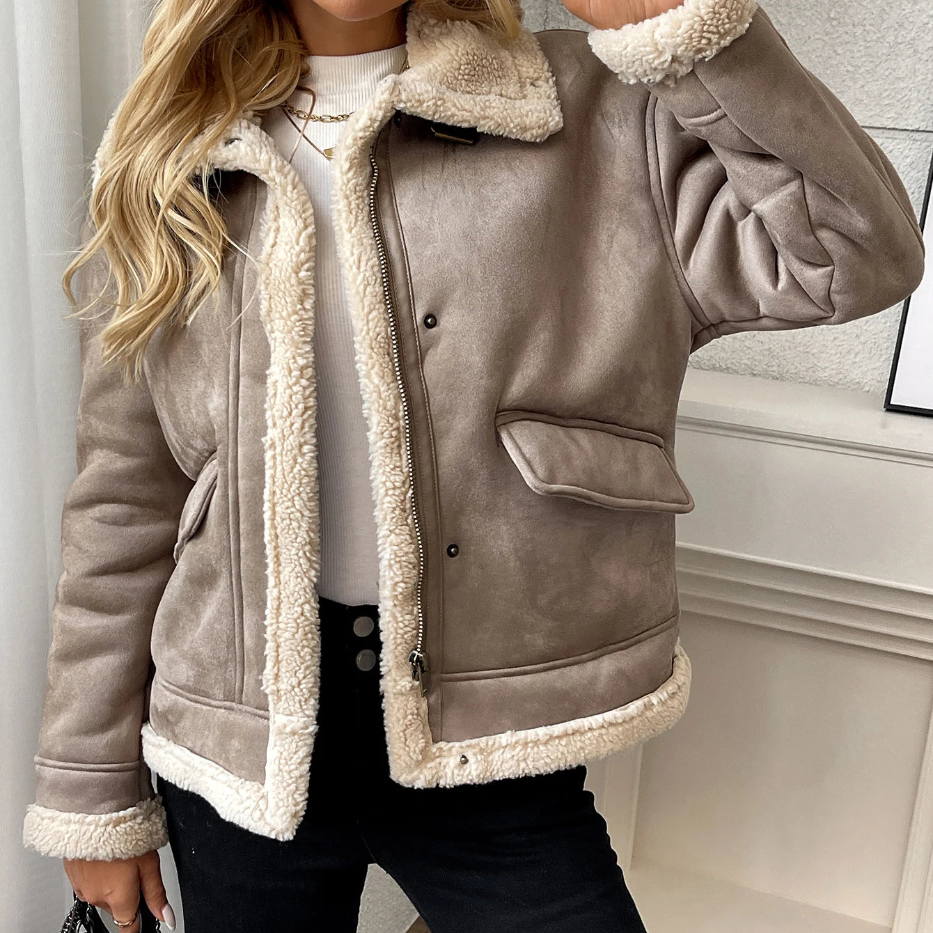 Fitaylor Autumn Winter Women Faux Suede Lamb Jacket Casual Lady Thick Warm Motorcycle Leather Outwear