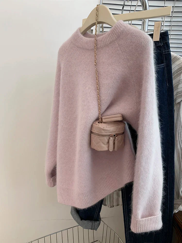 Women's Knitwear Sweaters Fashion Vintage Solid Color Sweater Oversized Loose Knitted Pullover for Women Autumn New Pink