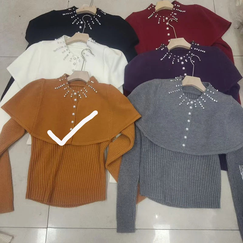 Autumn Winter Beaded Shawl Knitted Sweater For Women Slim Fit Inner Wear Layered Elegant Two-Piece Set 11A07563 Orange One Size