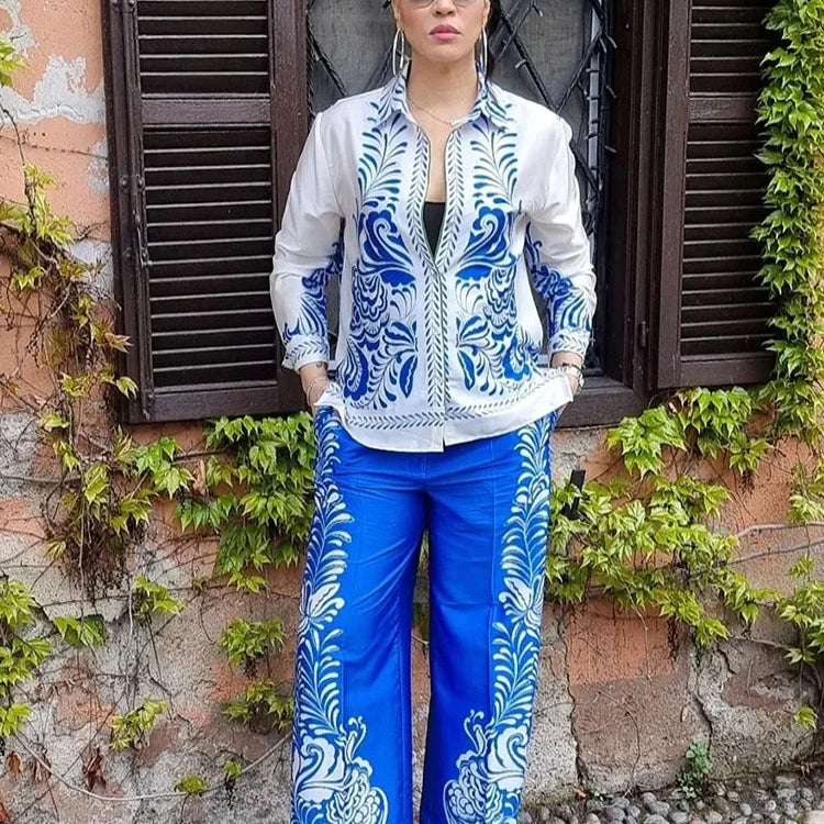 TRAFZA Women Pants Set Print Turn-Down Collar Long Sleeves Single Breasted Casual Shirts+High Waist Pocket Zipper Wide Leg Pant