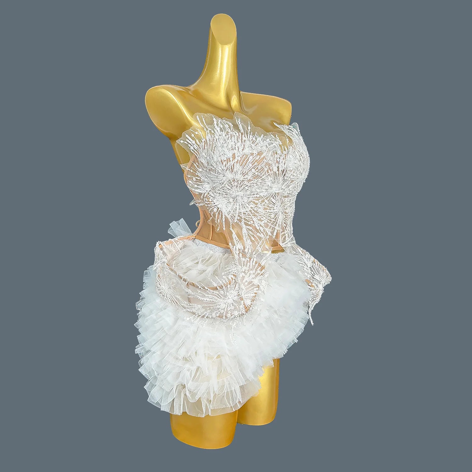 Sexy Sequins Pearls Women Top Short Skirt 2Pcs Club Dance Asymmetrical Dress Designer Party Celebrate Stage Wear Pugongying