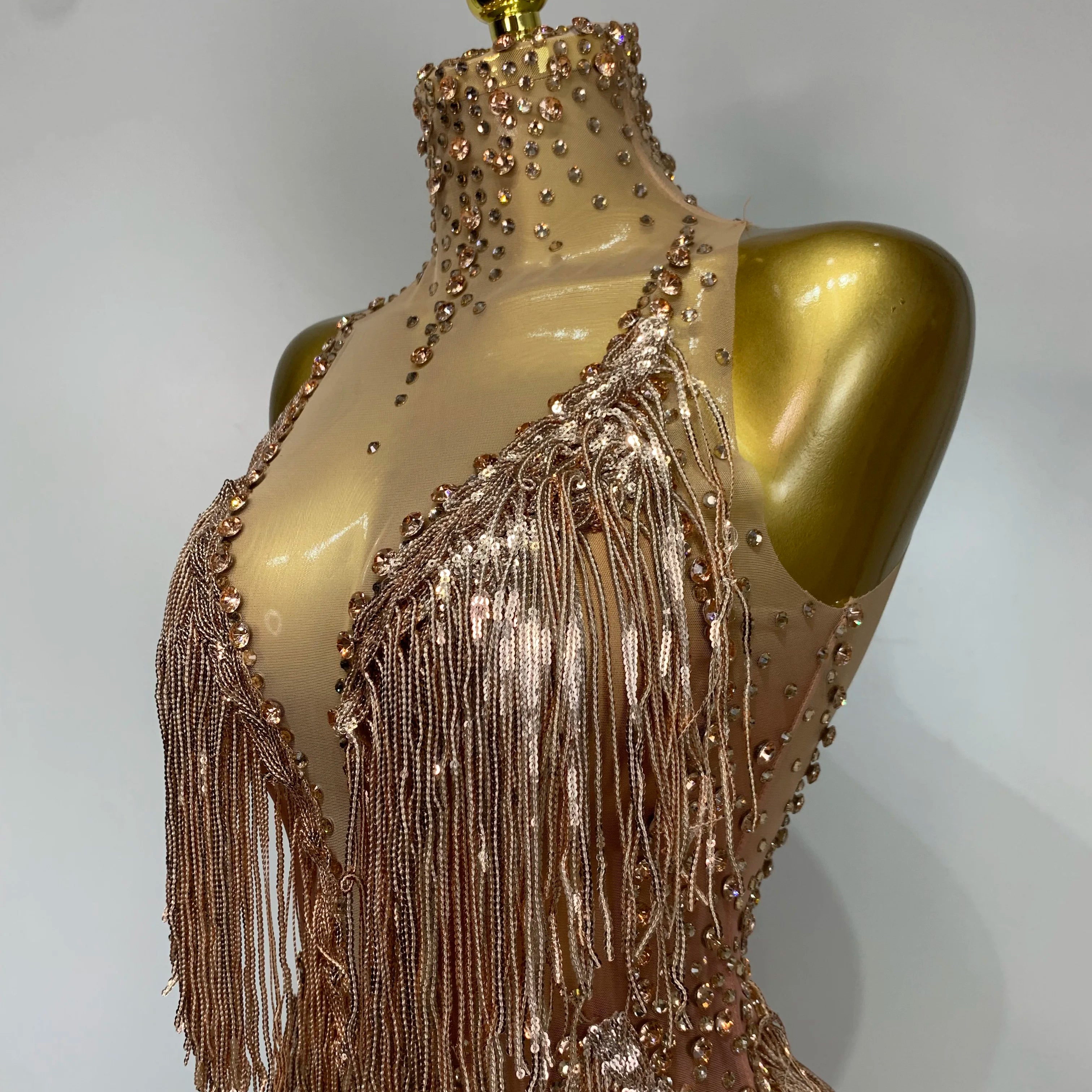 Women Sexy Stretch Mesh Sparkly Rhinestone Tassels Mini Dress Nightclub Singer Dance Stage Costume Evening Party Birthday Gowns