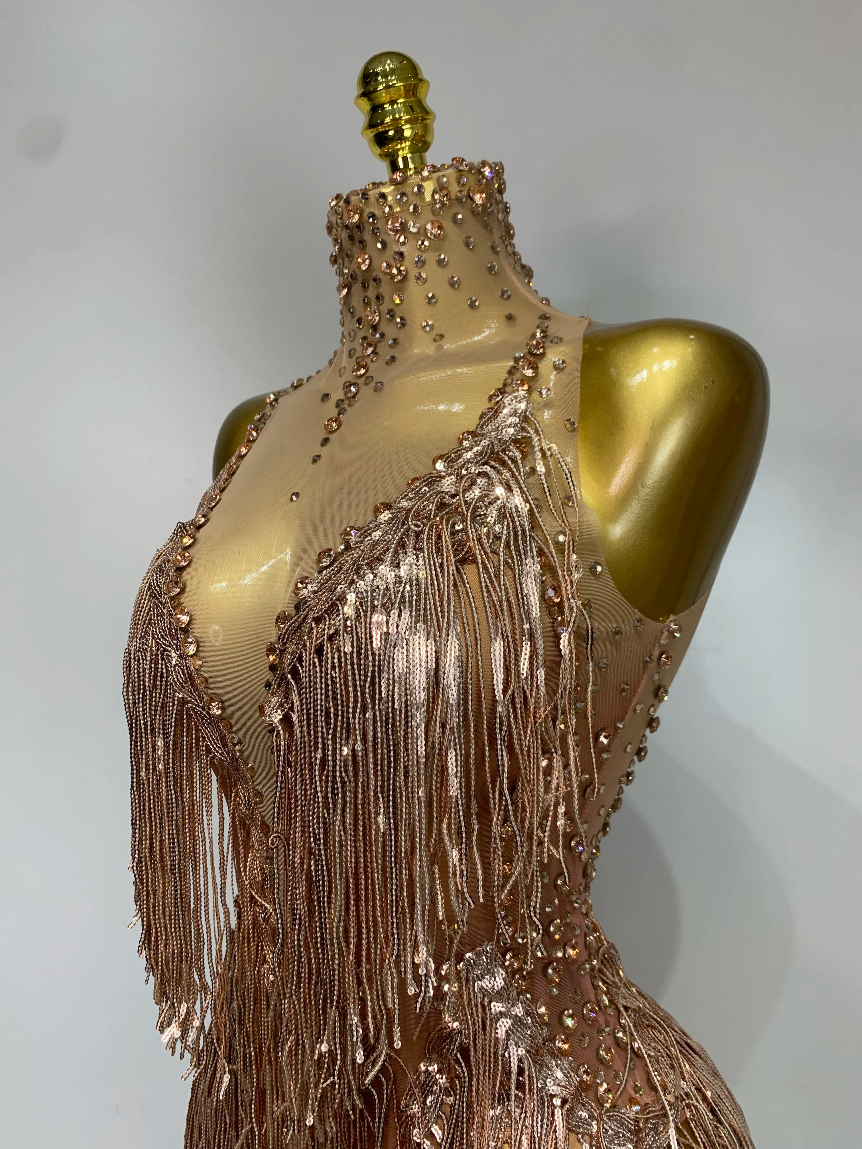 Women Sexy Stretch Mesh Sparkly Rhinestone Tassels Mini Dress Nightclub Singer Dance Stage Costume Evening Party Birthday Gowns