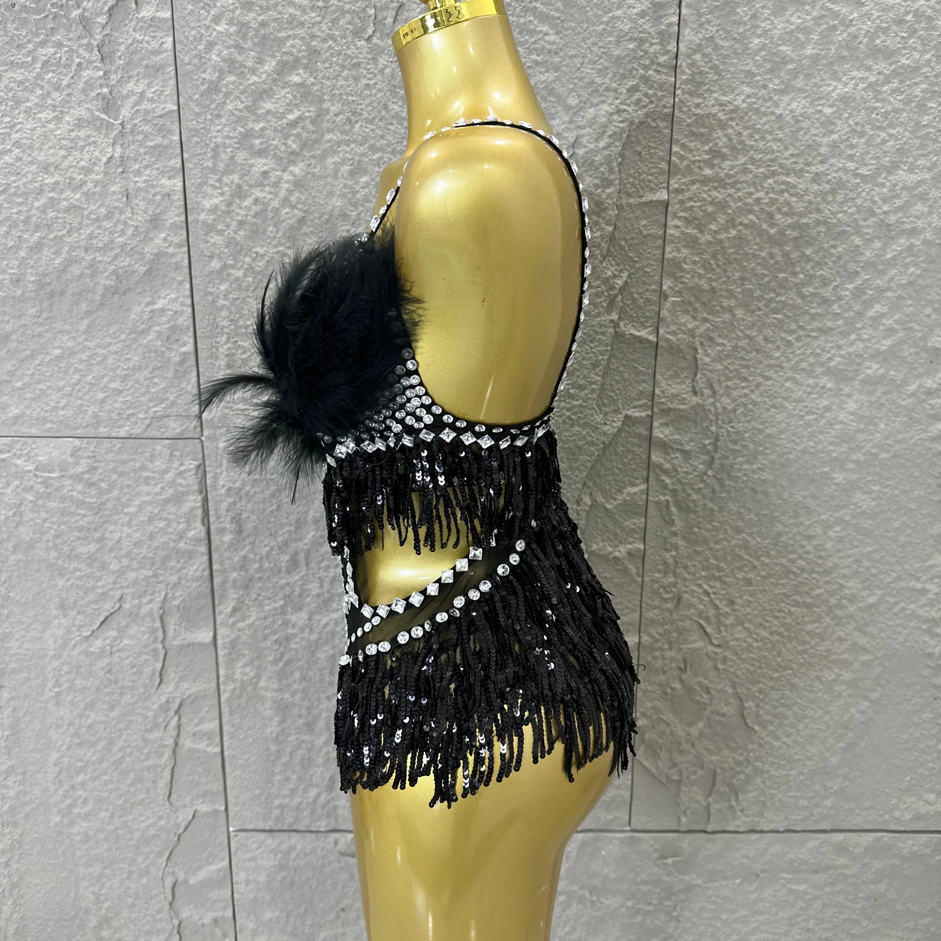 Luxurious Sheer Mesh Bodysuit Women Sexy Crystal Embellished Feather Fringe Trim Spaghetti Strap Outfit Stage Performance Outfit