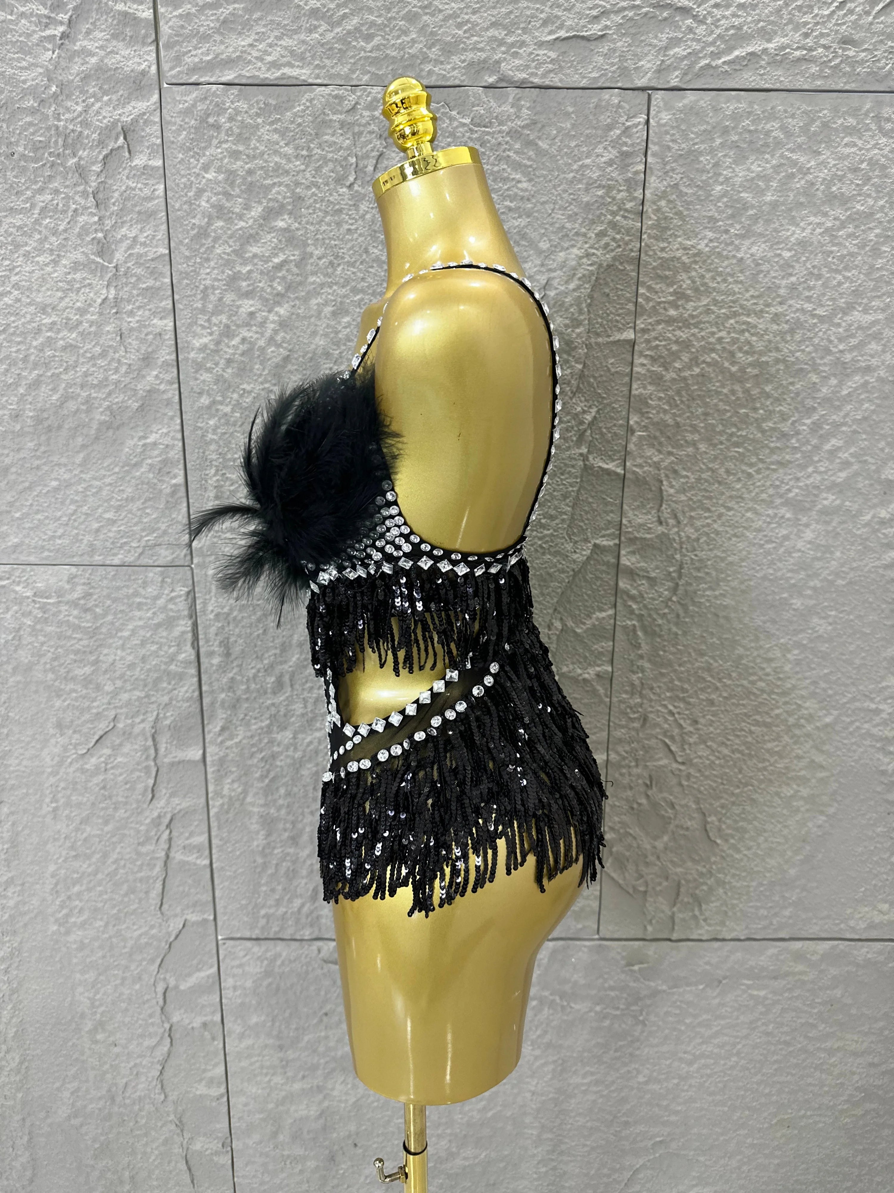 Luxurious Sheer Mesh Bodysuit Women Sexy Crystal Embellished Feather Fringe Trim Spaghetti Strap Outfit Stage Performance Outfit